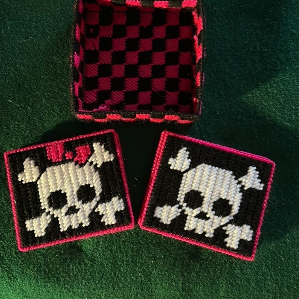 Skull Drink Coaster Set Magenta & Black Set of 6 Gothic Punk Bar Decor